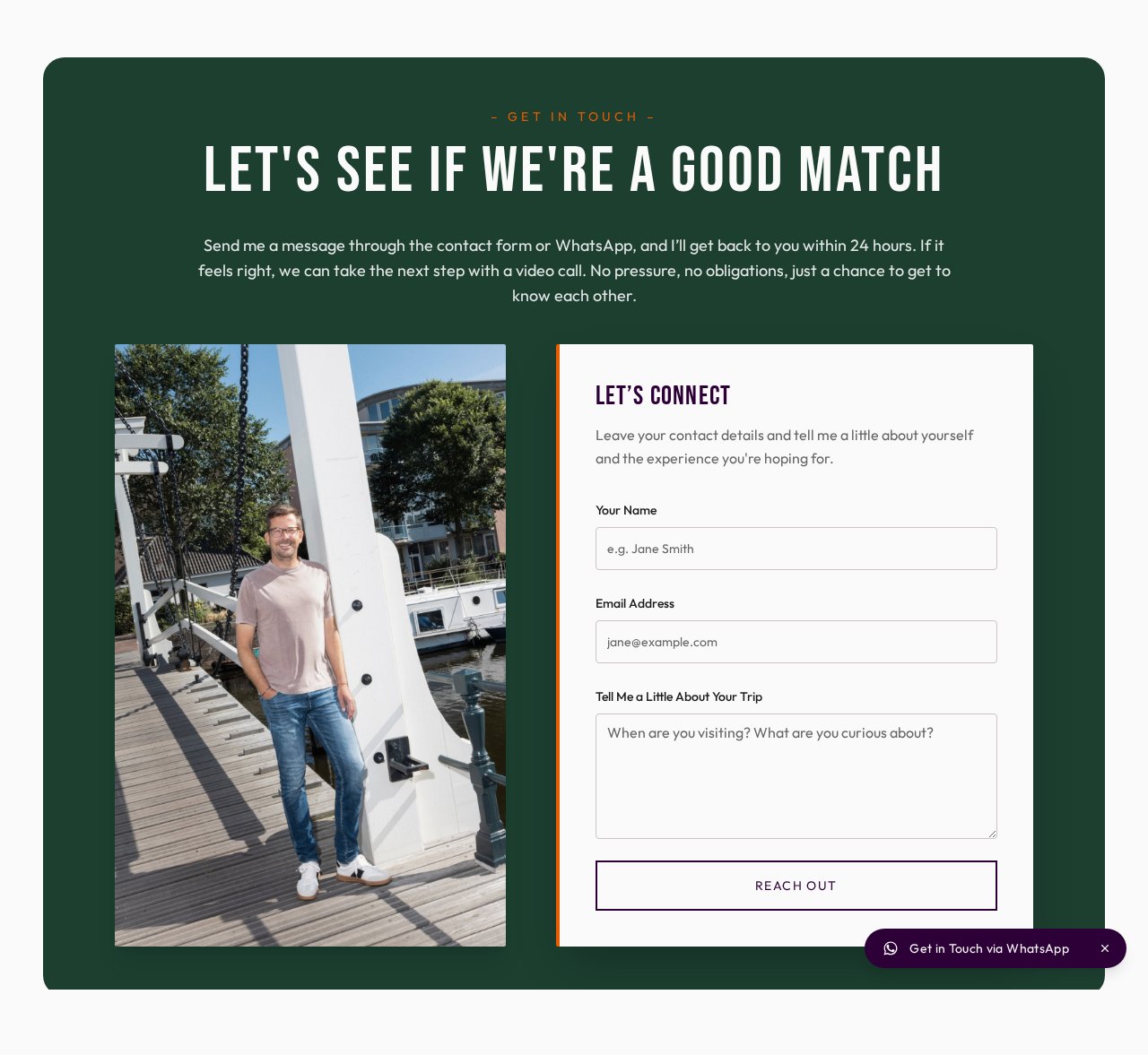 Contact in het diepgroen: 'Let's see if we're a good match', met formulier en WhatsApp.